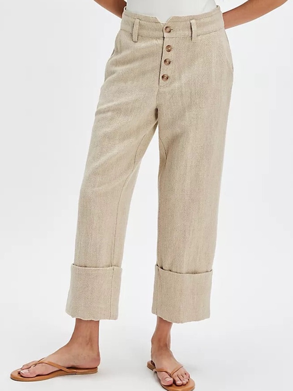 🌾 Free People Parkway Cuffed Trouser Pants Natural Linen Blend Size 6 NWOT